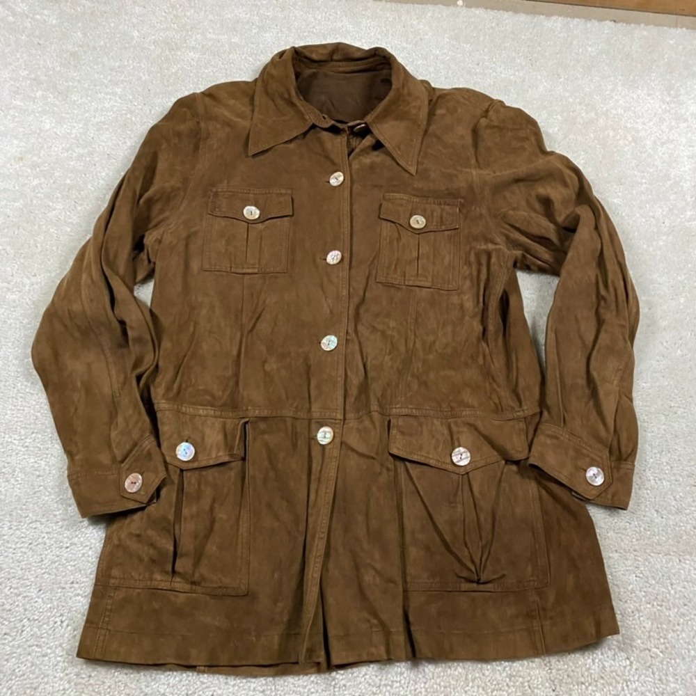 VTG Rosalba Valentini Suede Safari Jacket Womens L Brown Italy Buttery Soft